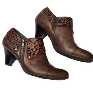 Born Boots Ankle Booties Brown Leather Embossed Heels Cuff Block‎ Heel Brown 6.5